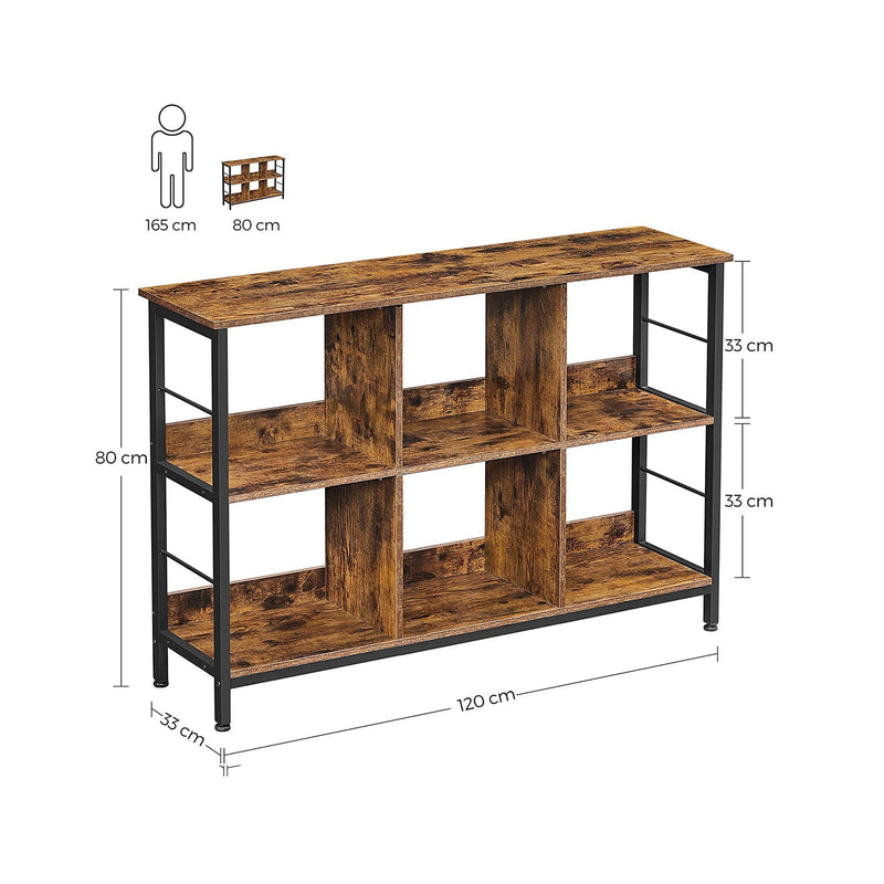 Bokhylla - med 6 fack - Stående hylla - Öppet skåp - förvaringsställ - Industriell design - Brown Black