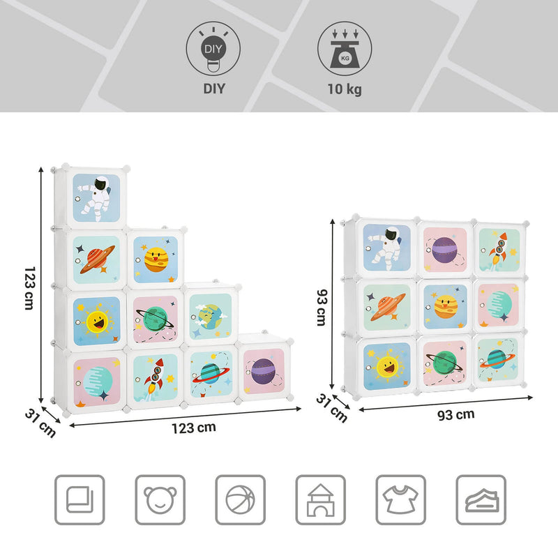 Reksysteem - Met 10 kubussen - Opbergkast voor kinderen - Schoenenrek - Kast met deuren - 123 x 31 x 123 cm - Wit