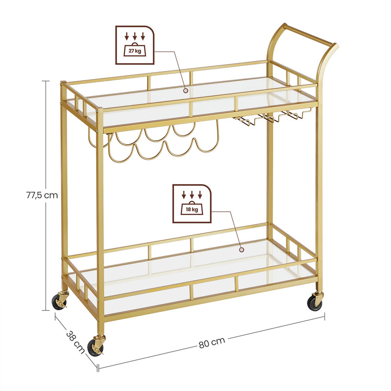 Serveerwagen - Trolley met wielen - Glashouder - 2 glazen leggers - Bar trolley