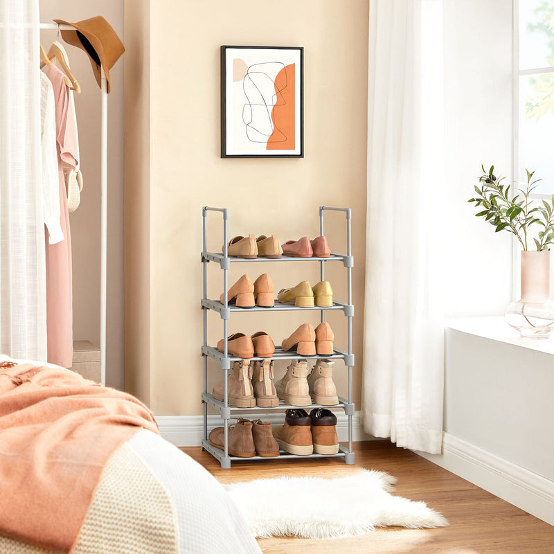 Shoe Rack - med 5 nivåer - Metall skoskåp - Stackbar - Space -Saving - Standing Shelf - Silver