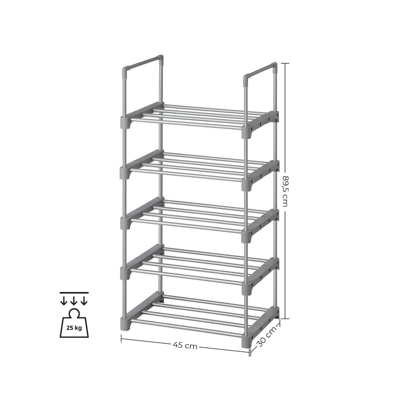 Shoe Rack - med 5 nivåer - Metall skoskåp - Stackbar - Space -Saving - Standing Shelf - Silver