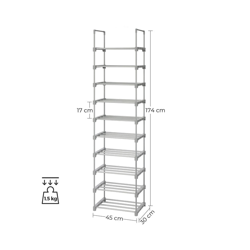 Shoe Rack - Shoe Rack - Shoe Storage - 10 hyllor - Multifunktionell - Grå