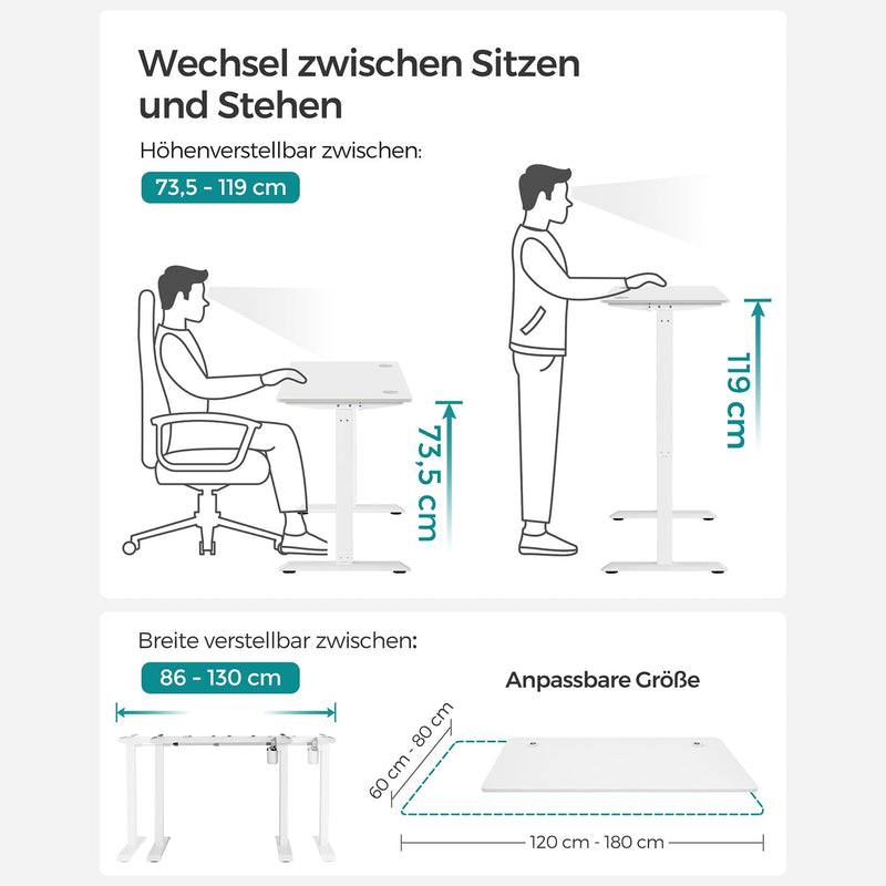 Elektrisk skrivebord - Sit Sta Desk - med oplader til telefonen - med hjul - Hvid