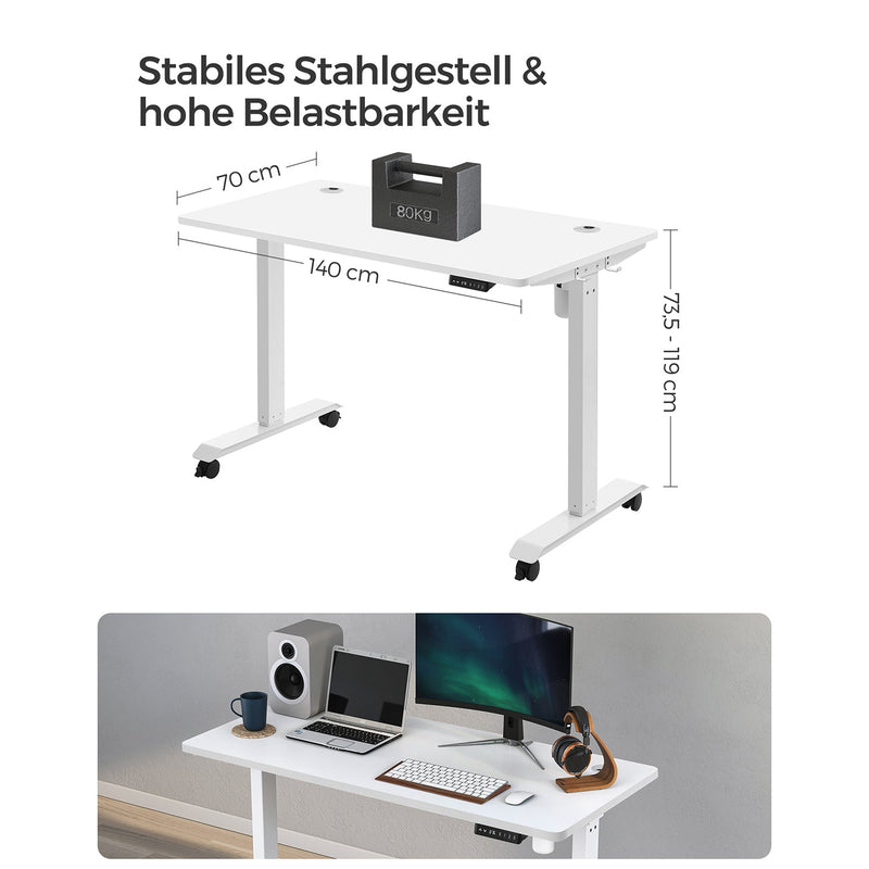 Elektrisk skrivebord - Sit Sta Desk - med oplader til telefonen - med hjul - Hvid