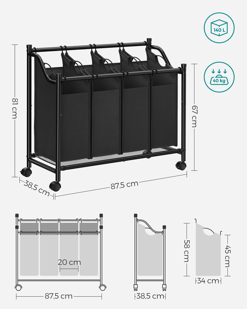 Wasmand met 4 Zakken - 140L Wassorteerder - Afneembare Zakken - met Wielen - Zwart