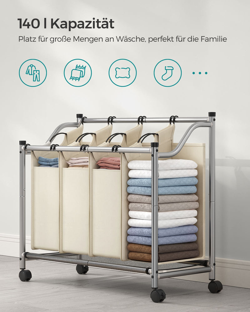 Wasmand op Wielen - Wassorteerder met 4 uitneembare stoffen zakken - 4 x 35 liter - Beige