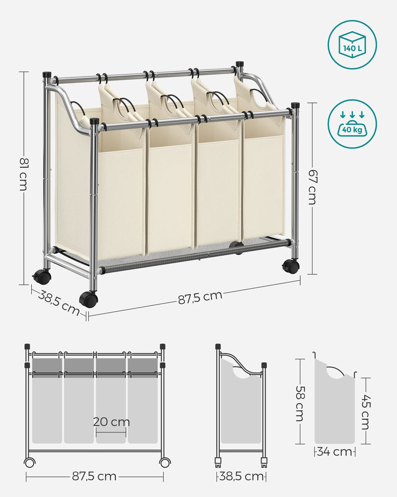 Panier de lavage sur roues - trieur de cire avec 4 sacs de tissu amovibles - 4 x 35 litres - beige