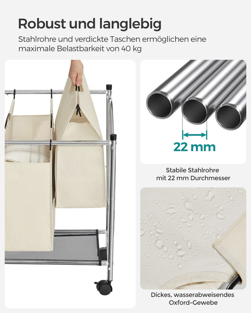 Panier de lavage sur roues - trieur de cire avec 4 sacs de tissu amovibles - 4 x 35 litres - beige