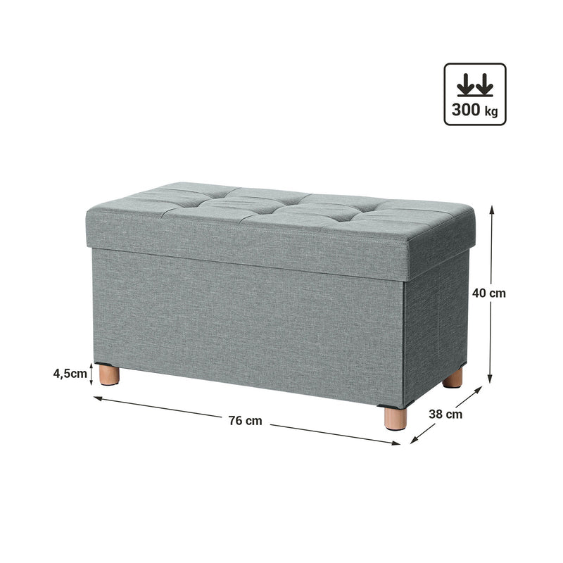 Seat Box - Pouf - Fotstol - med förvaringsutrymme och lock - med trälett - 76 x 38 x 40 cm - ljusgrå