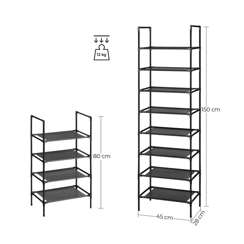 Schoenenkast - Schoenenrek - Met 4 planken - Set van 2 - Metalen frame - 45 x 28 x 80 cm - zwart