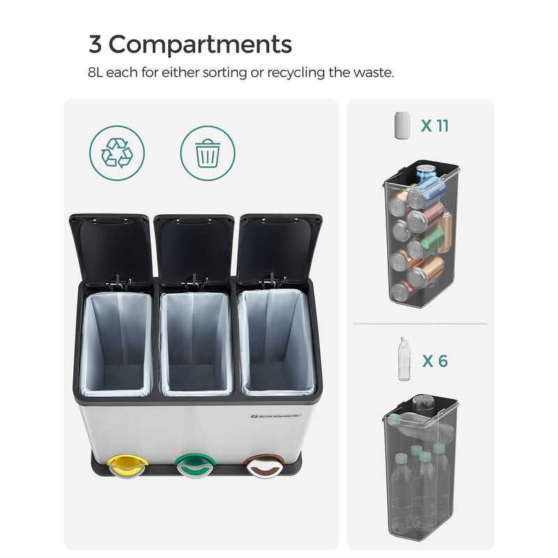 Poubelle - bac à pédales en métal - 3 -in -1 - 24 litres - séparation des déchets - argent