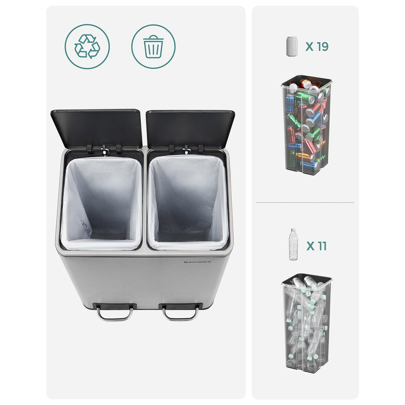 Bac à ordures - bac de déchets - Systèmes de séparation des déchets - avec 2 boîtes intérieures - bac à pédale pour cuisine - acier inoxydable - 2 x 15L - argent