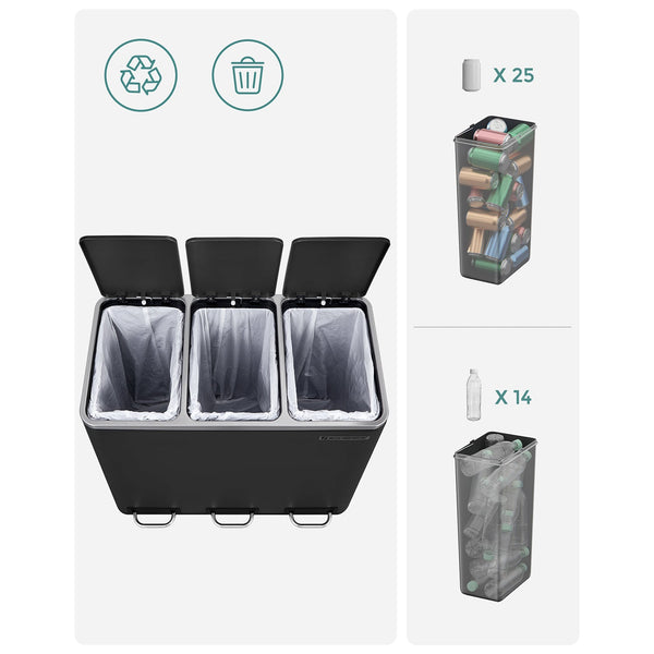 Skraldespand - papirkurv - med 3 rum - 3 x 18 l - med fodpedaler