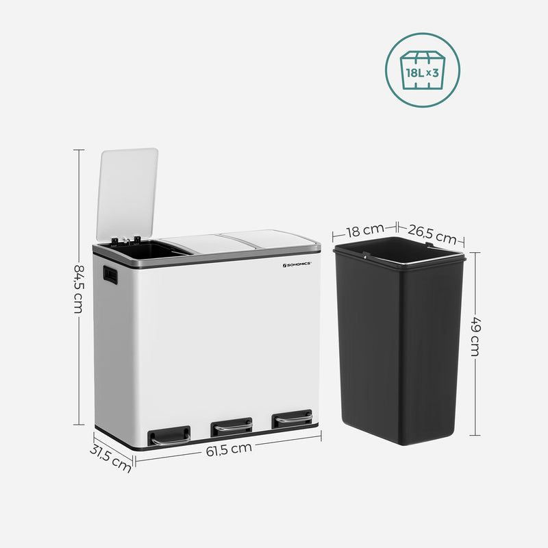 Affaldsbakke med 3 kurser - affaldsseparationssystem - 3 x 18L - Hvid