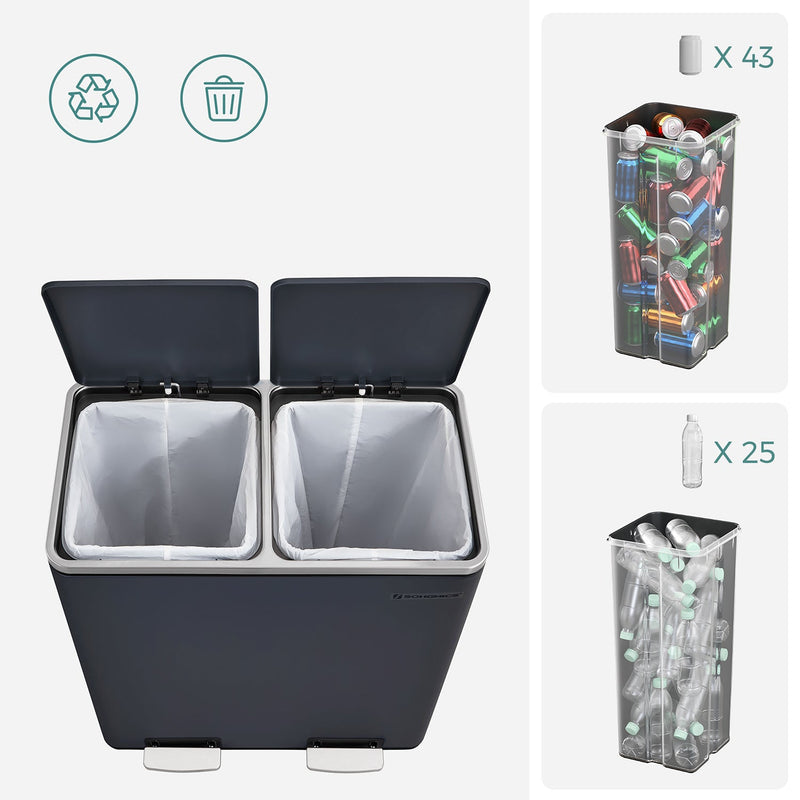 Avfallsbink - Avfallsseparationssystem - med 2 inre hinkar i plast - 2 x 30L - Pedal Bin - Avfallsbink - med fotpedal - grå