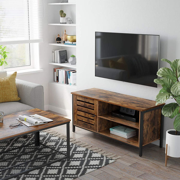 Masă TV pentru TV până la 50 inch - Mobilier TV - cu 2 compartimente deschise - Design industrial - maro vintage / negru