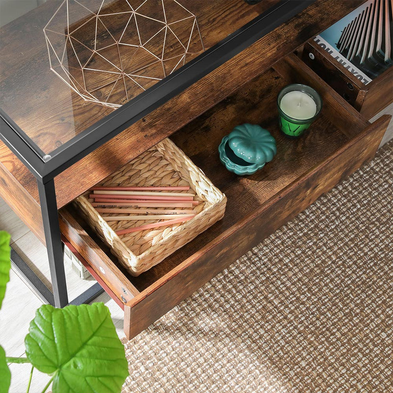 Tableuse - Table basse - Table en verre - 2 tiroirs - Brown vintage -Black