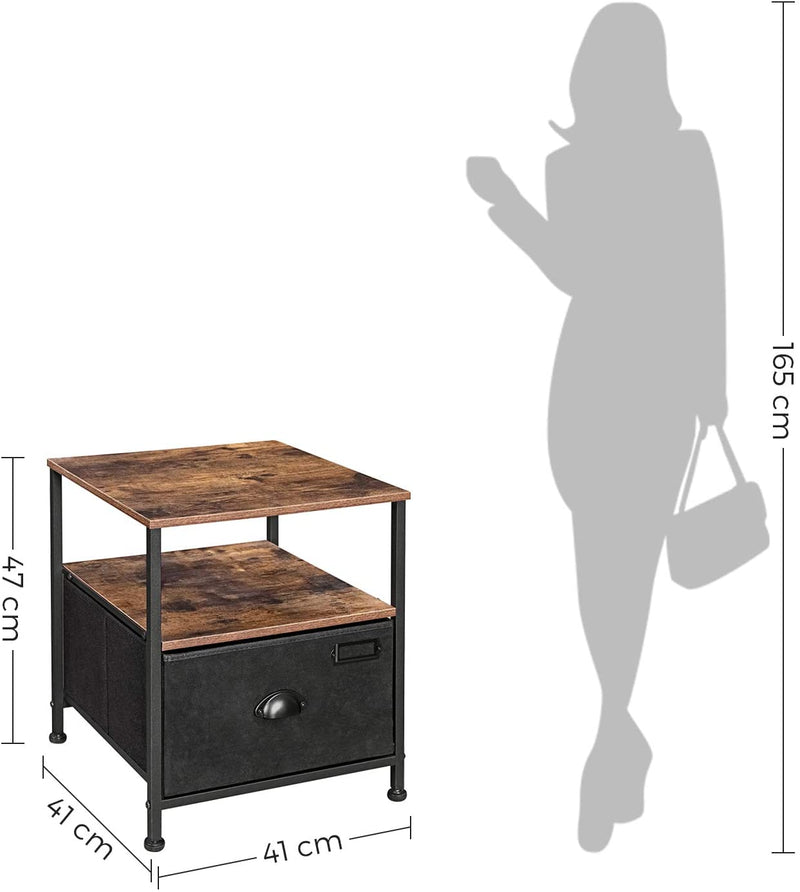 Nachtkastje - Bijzettafel - Met lade - 2 planken - industriële stijl - Vintage bruin / zwart