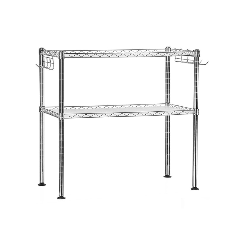 Rack cu microunde - Rack de bucătărie - cu 2 niveluri - Organizator de masă - cu 2 rafturi reglabile - 8 cârlige - argint