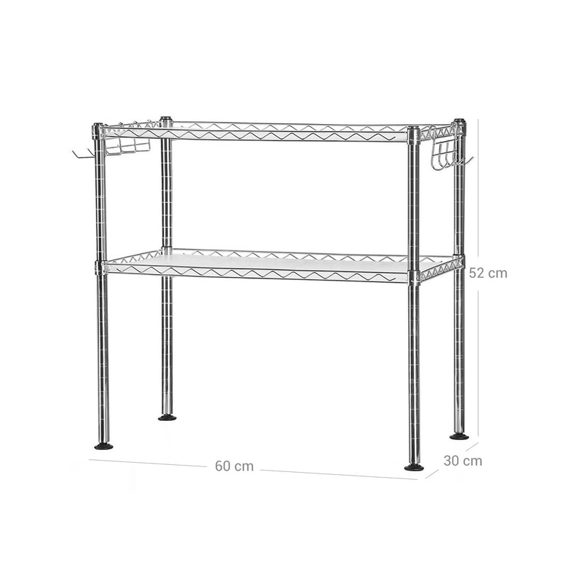 Rack à micro-ondes - Rack de cuisine - avec 2 niveaux - Organisateur de table - avec 2 étagères réglables - 8 crochets - argent