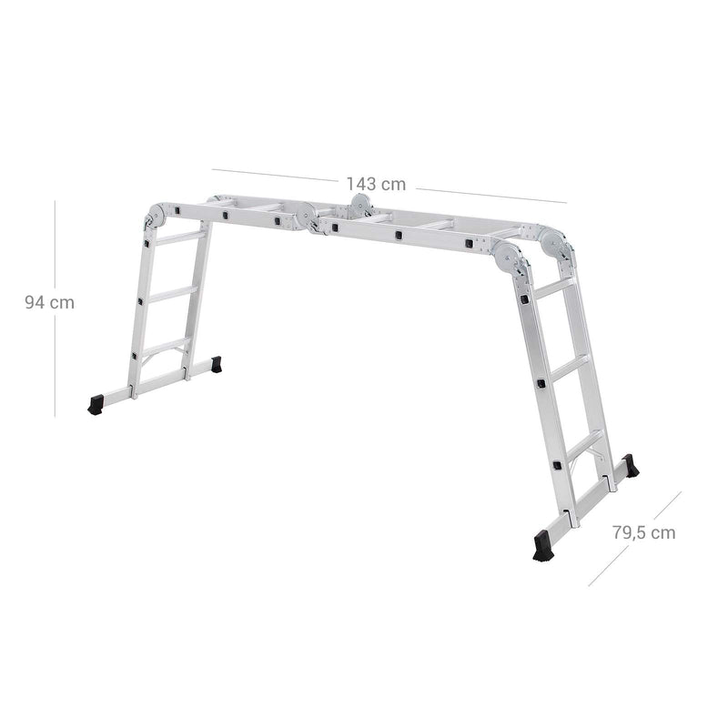 Monitoiminen alumiiniportaat - 2 metallilevyä - taitettavia tikkaat - kuorma 150 kg - hopea