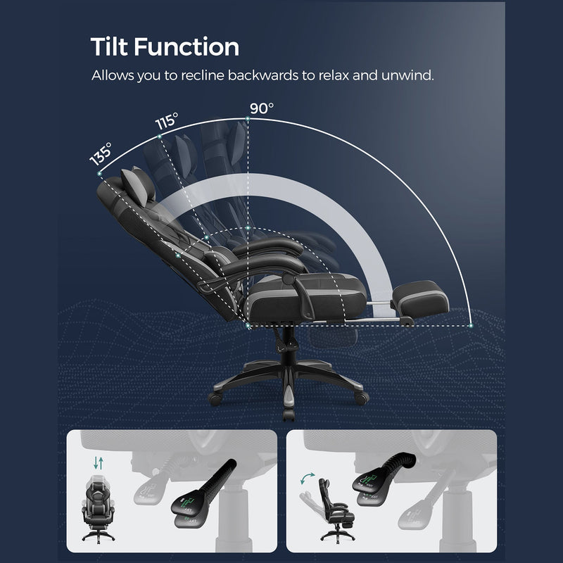 Pelituoli - Office -tuoli - Tietokonetuoli - Pelituoli - jalkatuella - selkänojalla - musta -gray