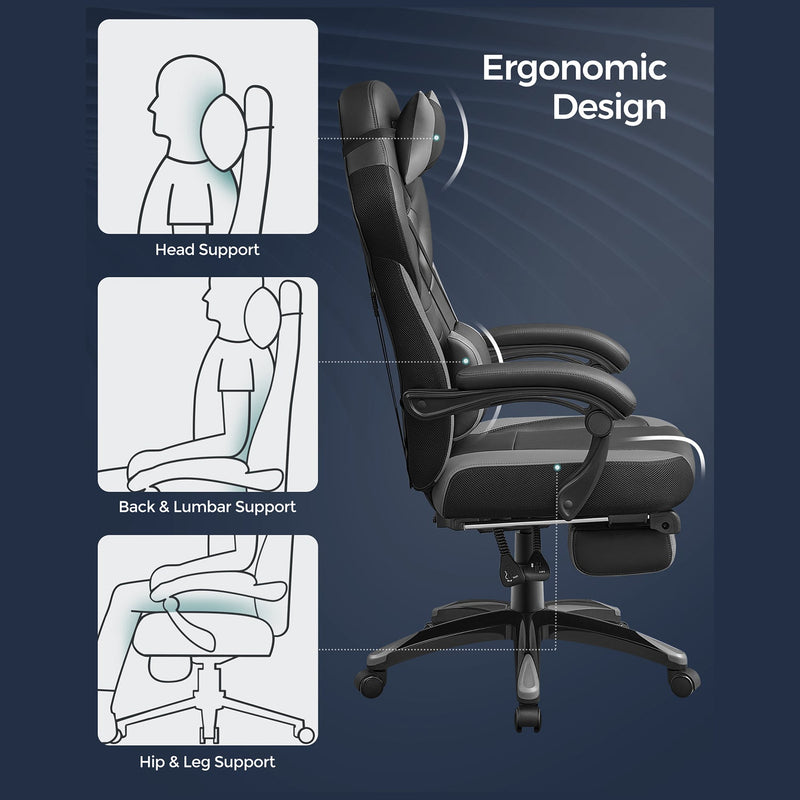 Spilstol - Kontorstol - Computerstol - Gamingstol - Med fodstøtte - Med ryglæn - Black -Gray