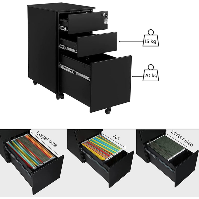 Mobiele container - Ladeblok - Ladekast - Kantoorkast - Met wielen - Met slot - 3 lades - Zwart