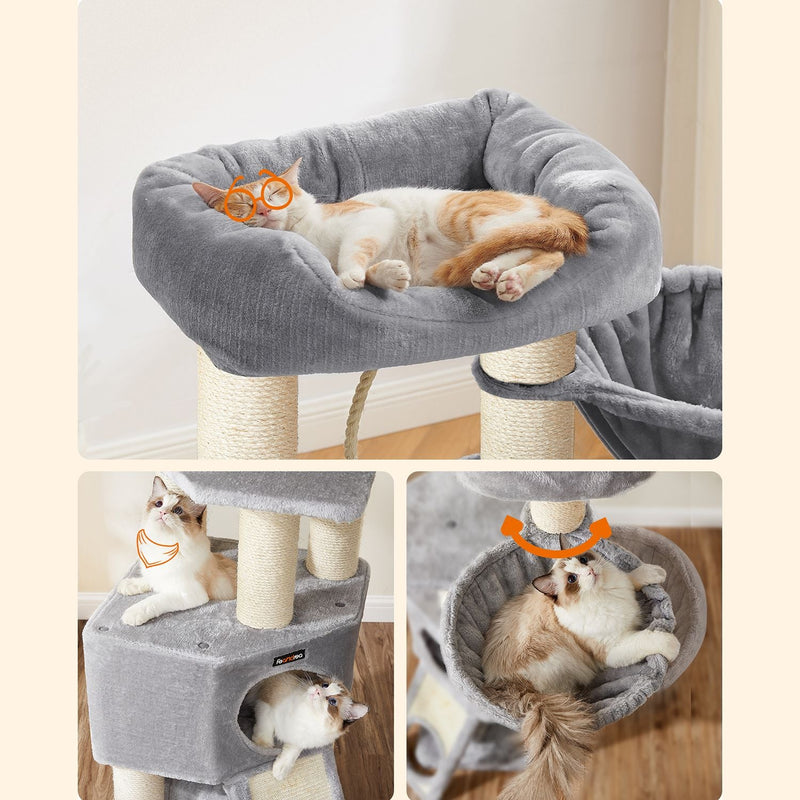 Stor skrapstolpe - Scratching Post - With Cave Hammock - Plush Platform - Tunnel - Corners - Grey