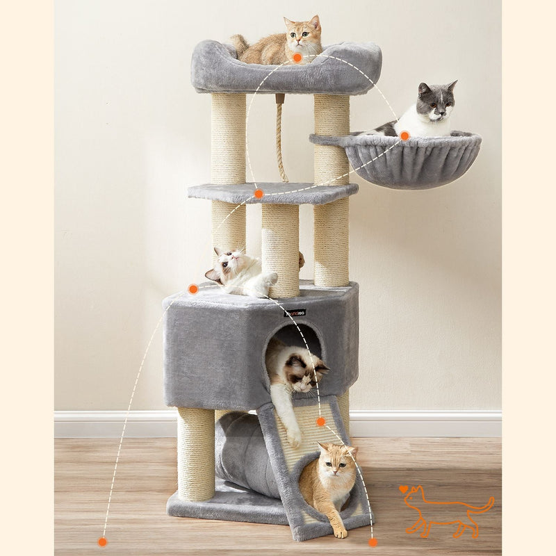 Stor skrapstolpe - Scratching Post - With Cave Hammock - Plush Platform - Tunnel - Corners - Grey