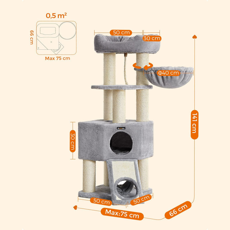 Stor skrapstolpe - Scratching Post - With Cave Hammock - Plush Platform - Tunnel - Corners - Grey