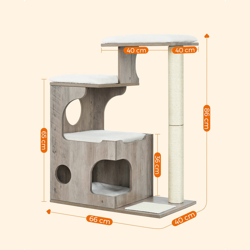 Post de zgâriere - 86 cm - post de zgârieturi cu dimensiuni medii - cu 3 dane și peșteră - gri