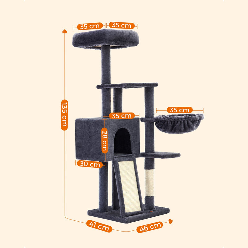 Scratching Post - Cat Sleeping Place - 135 cm - avec pelouse - avec plate-forme - gris foncé