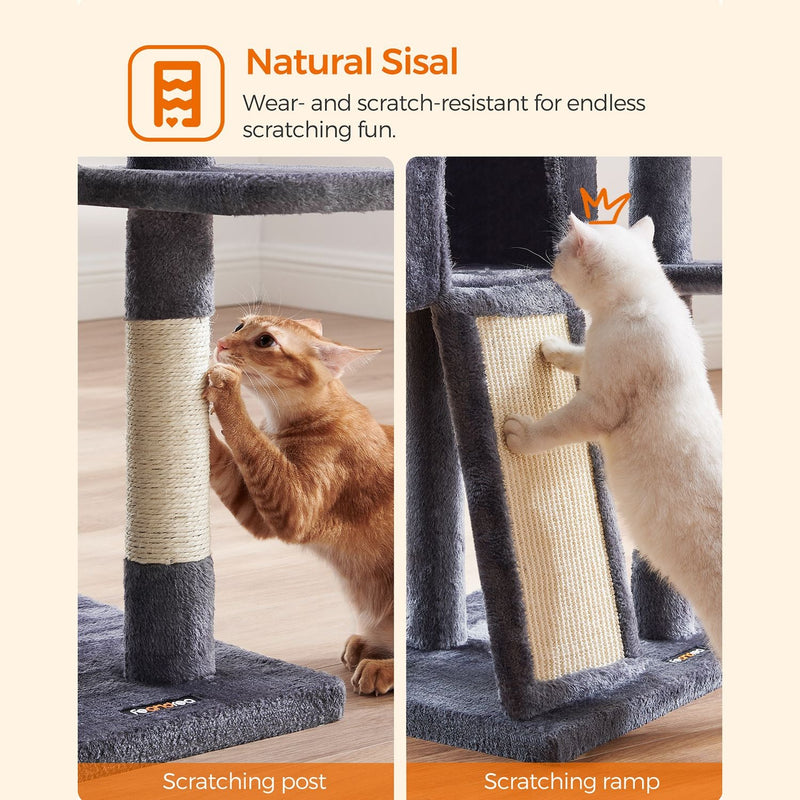 Scratching Post - Cat Sleeping Place - 135 cm - avec pelouse - avec plate-forme - gris foncé