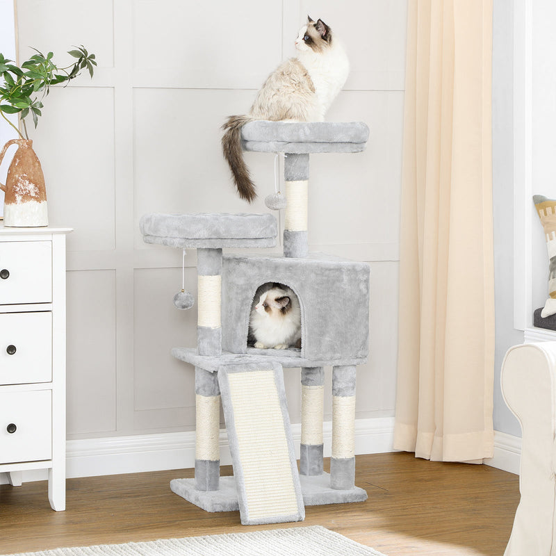 Scratching Post - 115 cm - Scratching Board - avec 2 plates-formes - avec grotte - gris clair