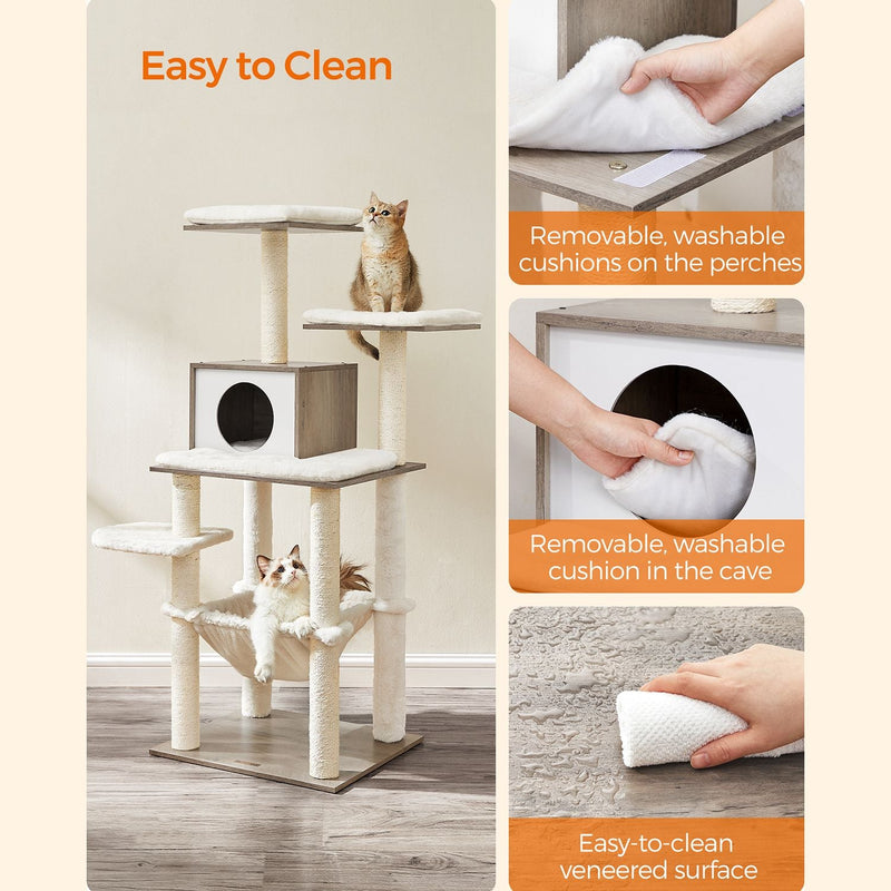 Cat Tree - Modern - Cat Furniture - Scratching Post - Med flere niveauer - Cuddly Hole - Hammock - Beige