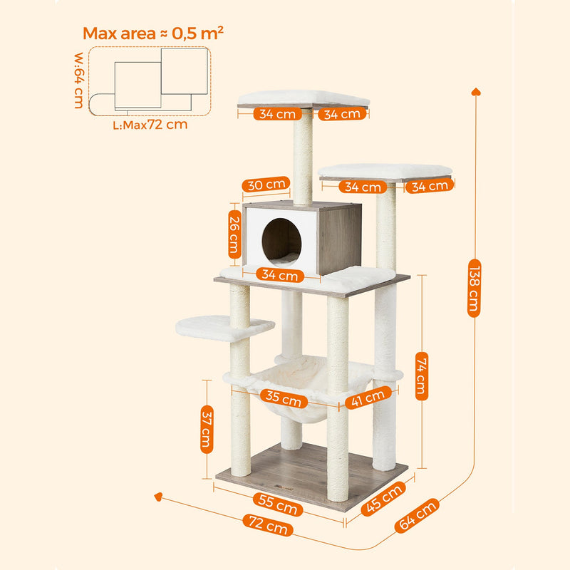 Kattenboom - Modern - Kattenmeubilair - Krabpaal - Met meerdere niveaus - Knuffelhol - Hangmat - Beige