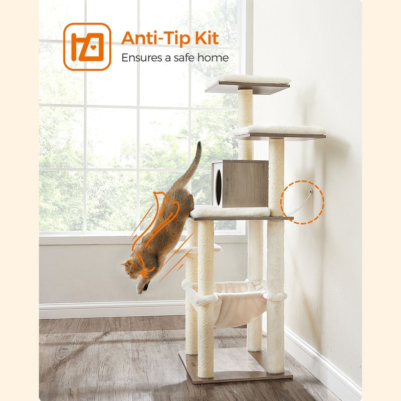 Cat Tree - Modern - Cat Furniture - Scratching Post - Med flere niveauer - Cuddly Hole - Hammock - Beige