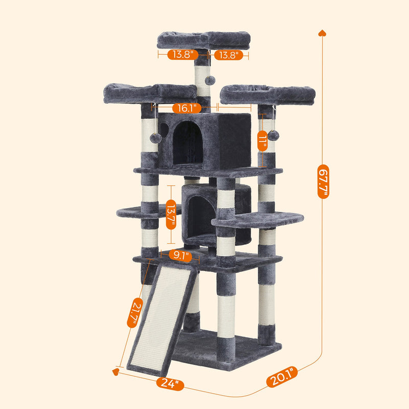 Krabpaal - XXL Krappaal - Met 3 platformen - Met 2 grotten - 172 cm - Rookgrijs