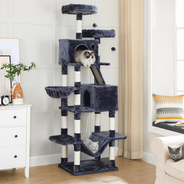 Scratching Post - 206 cm High Scratching Post - Med 13 Scratching Posts - 1 Crab Rag - 2 Platforms - 2 Caves - Basket - Hammock - Gray