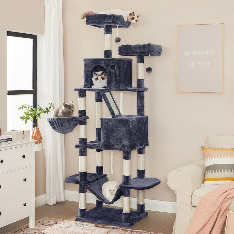 Scratching Post - 206 cm High Scratching Post - Med 13 Scratching Posts - 1 Crab Rag - 2 Platforms - 2 Caves - Basket - Hammock - Gray