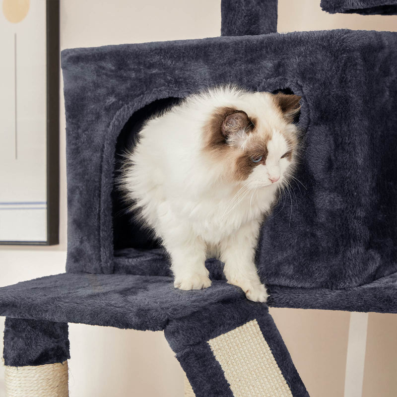 Scratching Post - 206 cm High Scratching Post - Med 13 Scratching Posts - 1 Crab Rag - 2 Platforms - 2 Caves - Basket - Hammock - Gray