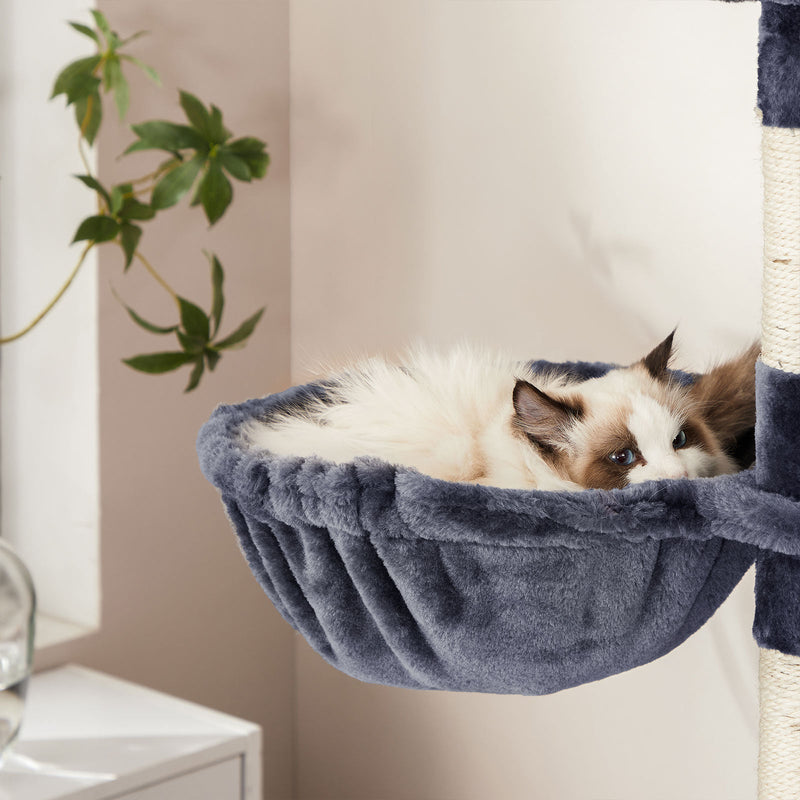 Scratching Post - 206 cm High Scratching Post - Med 13 Scratching Posts - 1 Crab Rag - 2 Platforms - 2 Caves - Basket - Hammock - Gray