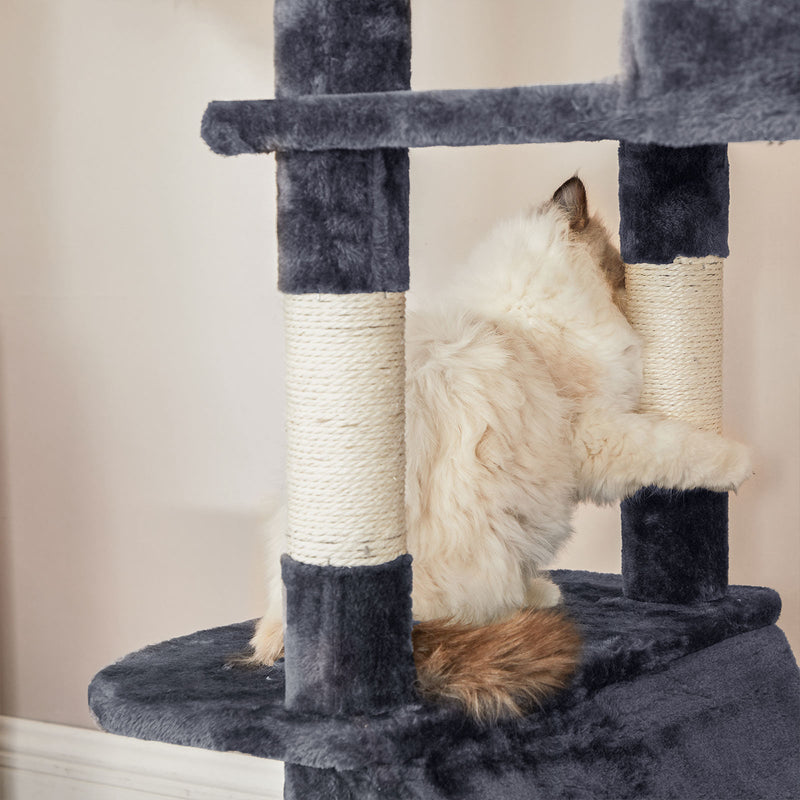 Scratching Post - 206 cm High Scratching Post - Med 13 Scratching Posts - 1 Crab Rag - 2 Platforms - 2 Caves - Basket - Hammock - Gray