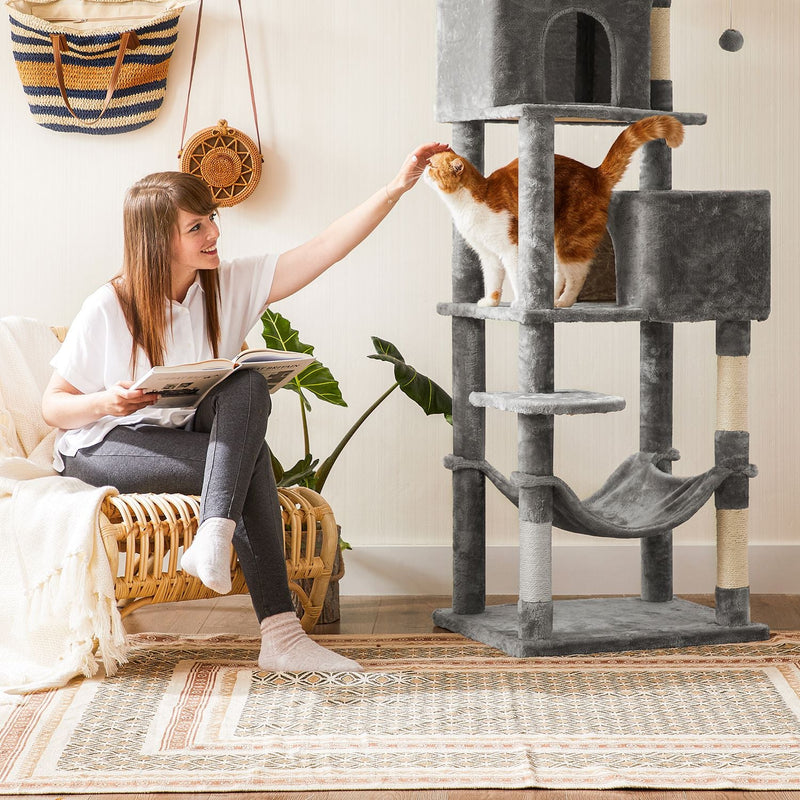 Stor skrapstolpe - Scratching Post - With Cave Hammock - Plush Platform - 2 Caves - Grey