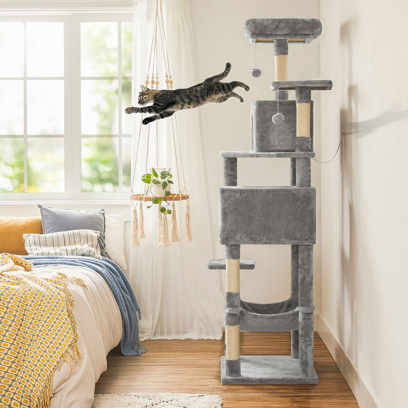 Stor skrapstolpe - Scratching Post - With Cave Hammock - Plush Platform - 2 Caves - Grey