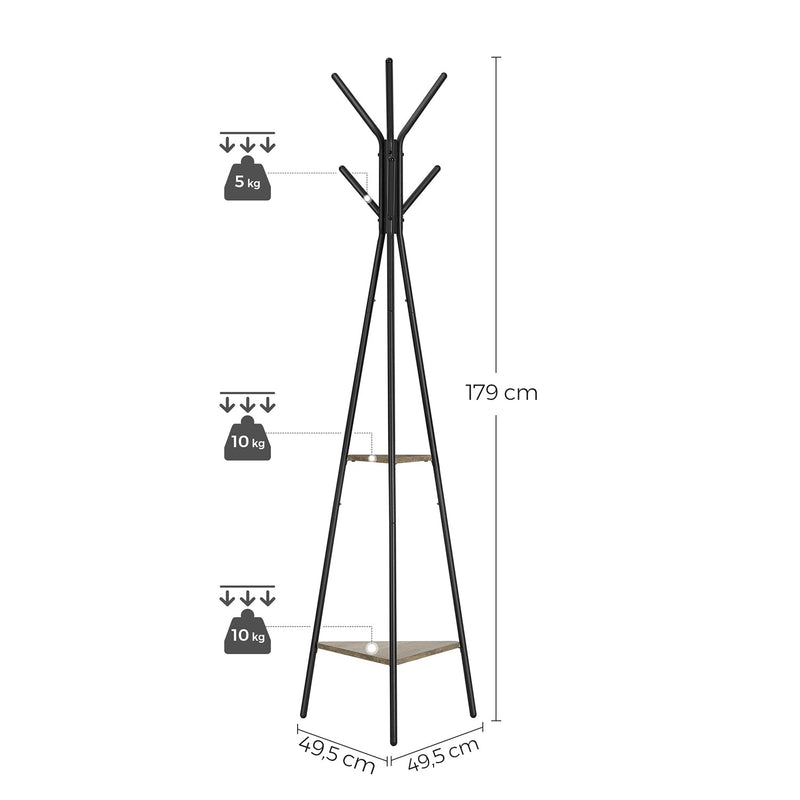 Takki teline - puun muotoinen takkiteline - 2 hyllyä - irrotettu - harmaa musta