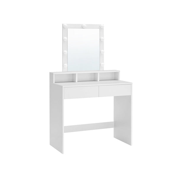 Toalettbord - Make up tabell - kosmetisk bord - med spegel och glödlampor - justerbar ljusstyrka - med 2 lådor - vitt