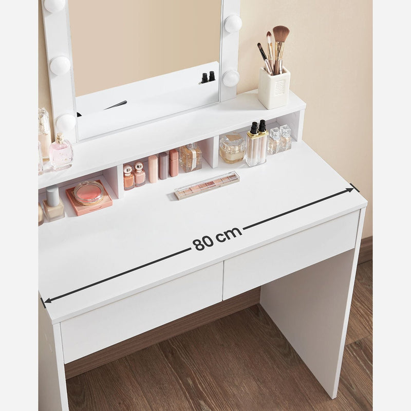 Dressing Table - Make Up Table - Tabel cosmetic - cu oglindă și becuri - luminozitate reglabilă - cu 2 sertare - alb