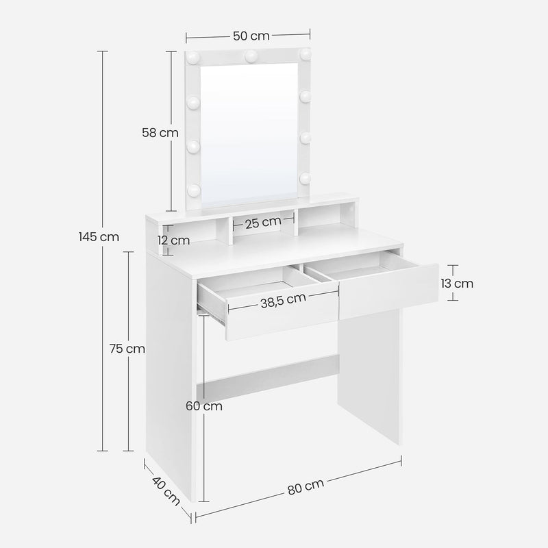 Kaptafel -  Make up tafel - Cosmetische tafel - Met spiegel en gloeilampen - Instelbare helderheid - Met 2 lades - Wit